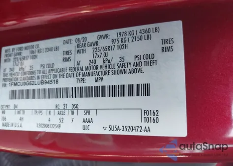 2020 Ford Escape Se из США, поврежденный, VIN 1FMCU0G62LUB94518